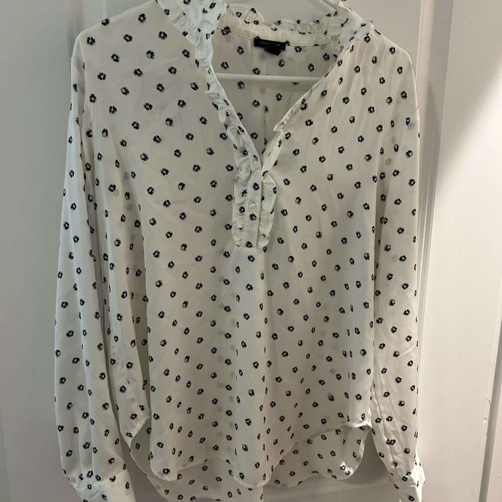 Ann Taylor White Blouse with Black Floral Pattern